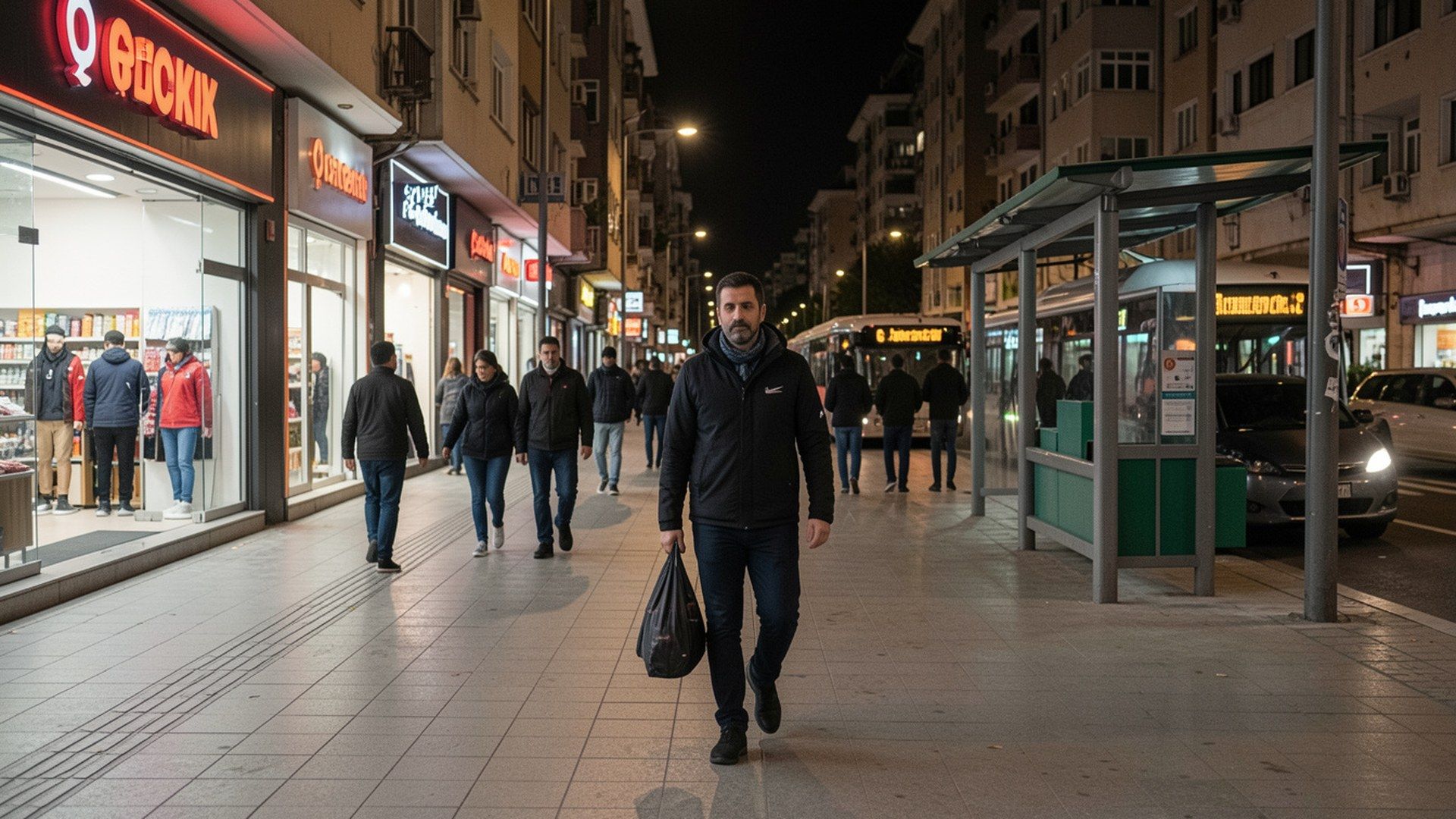 Akşam saatlerinde iyi aydınlatılmış şehir yürüyüş yolunda güvenli biçimde yürüyen yetişkin kişi