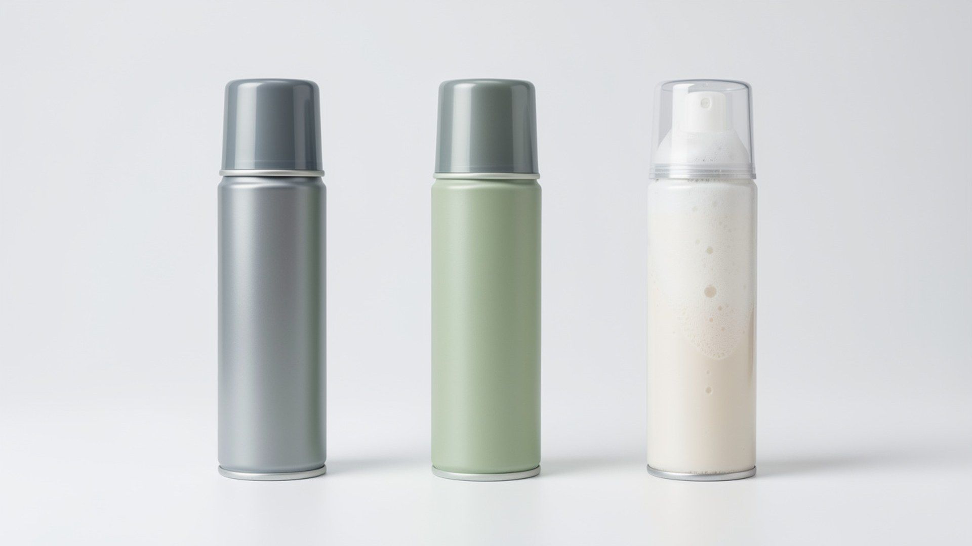 Farklı fiziksel ürün tiplerini temsil eden güvenli kapakları kapalı üç kişisel savunma spreyi kutusunun profesyonel stüdyo ür