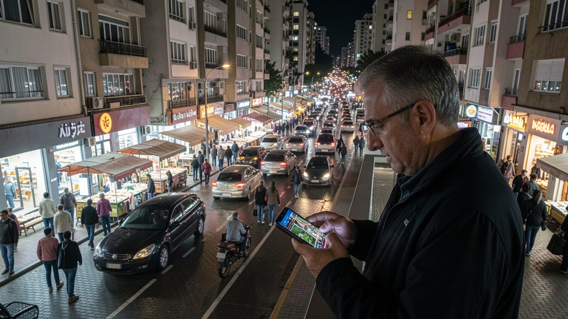 Gece yalnız yürürken: gece şehir haritasını güvenli aydınlık noktada telefonundan kontrol eden yetişkin kişi