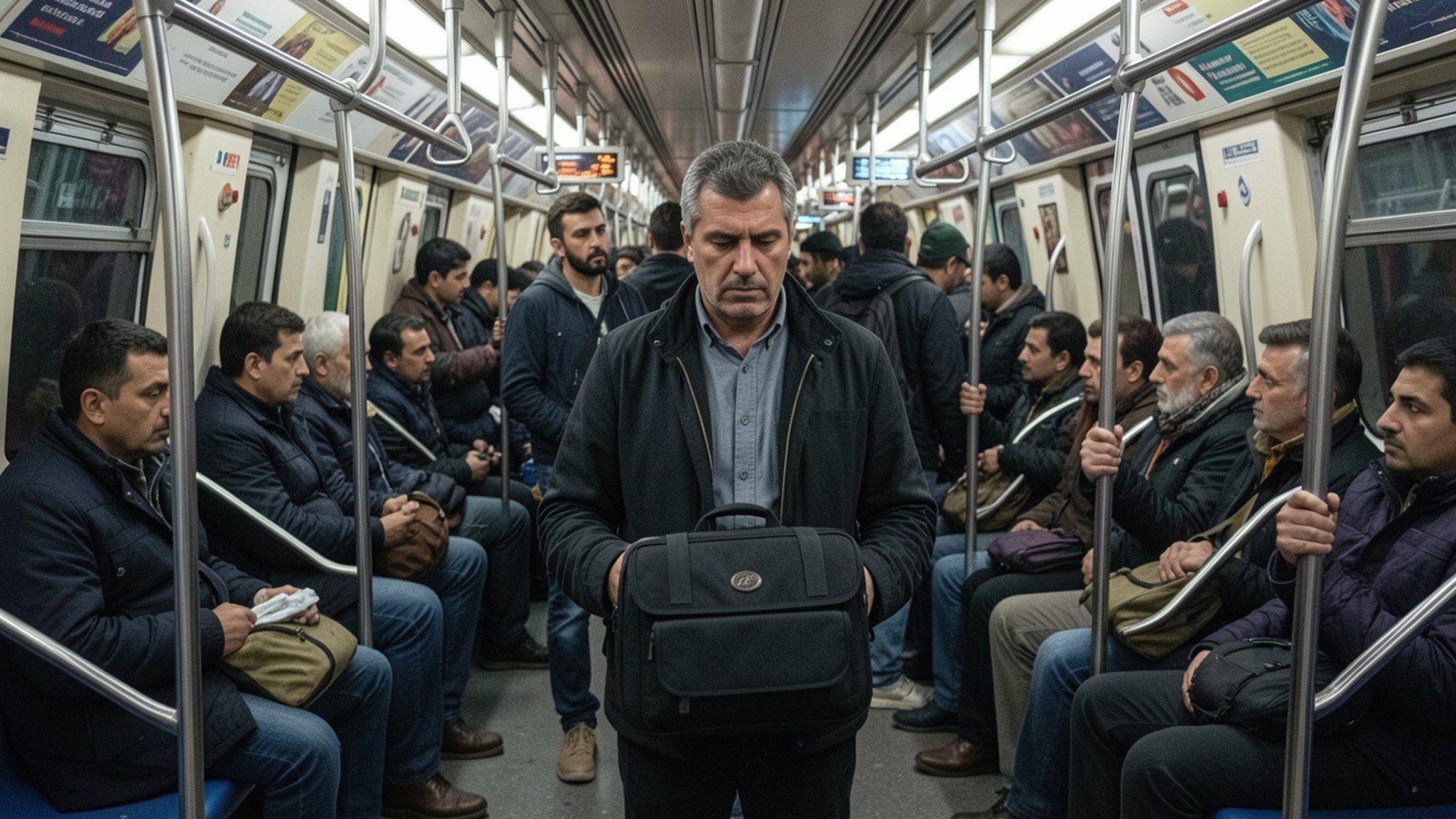 Toplu taşımada kişisel güvenlik: kalabalık metro aracında çantasını önünde kapalı şekilde tutan yetişkin yolcu