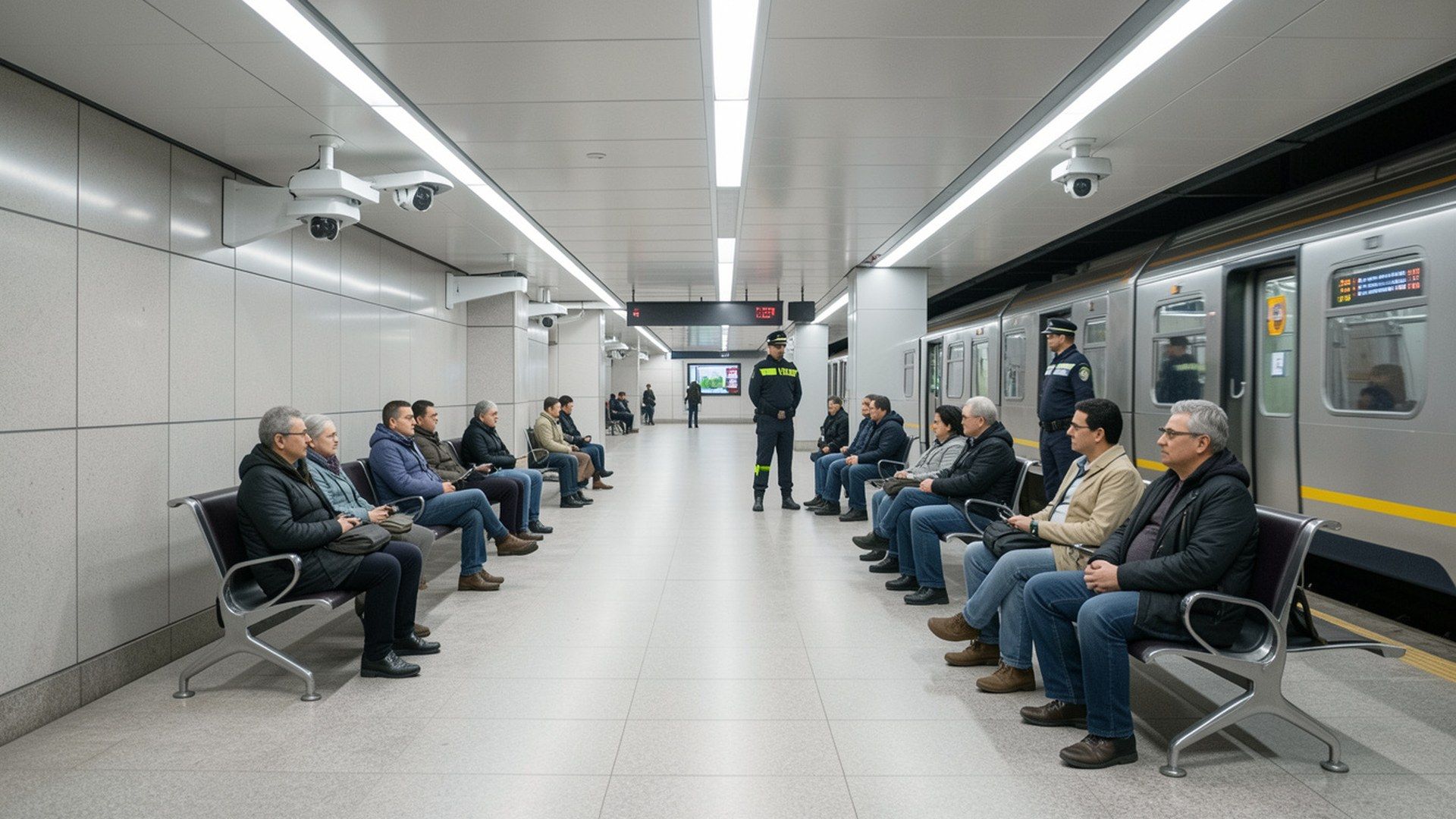 Modern ve iyi aydınlatılmış metro istasyonunda güvenli biçimde bekleyen yetişkin yolcular