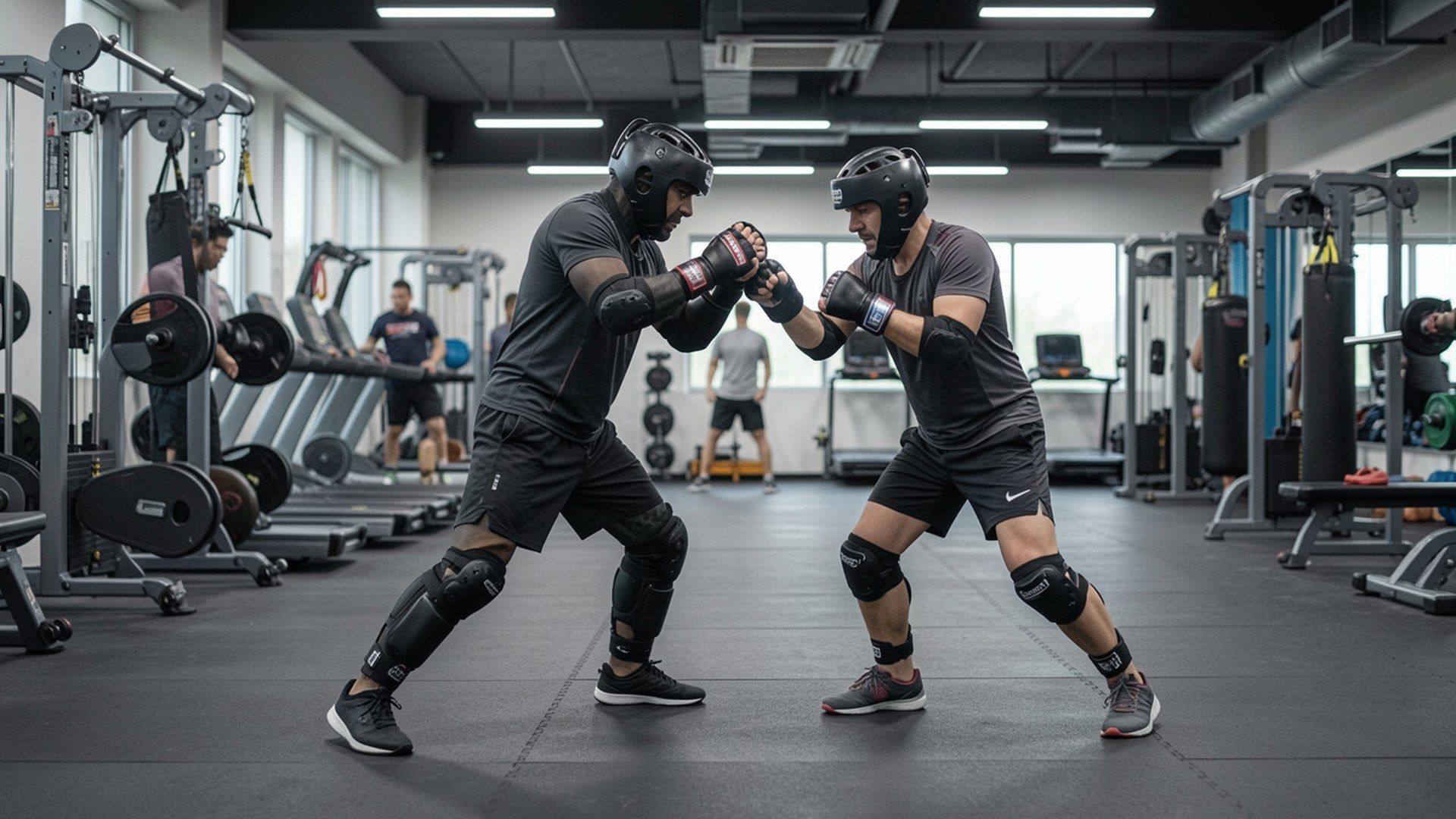 Krav maga: profesyonel spor salonunda yetişkin katılımcıların güvenli koruyucu ekipmanlarla kontrollü partner antrenmanı yaptığı eğitim