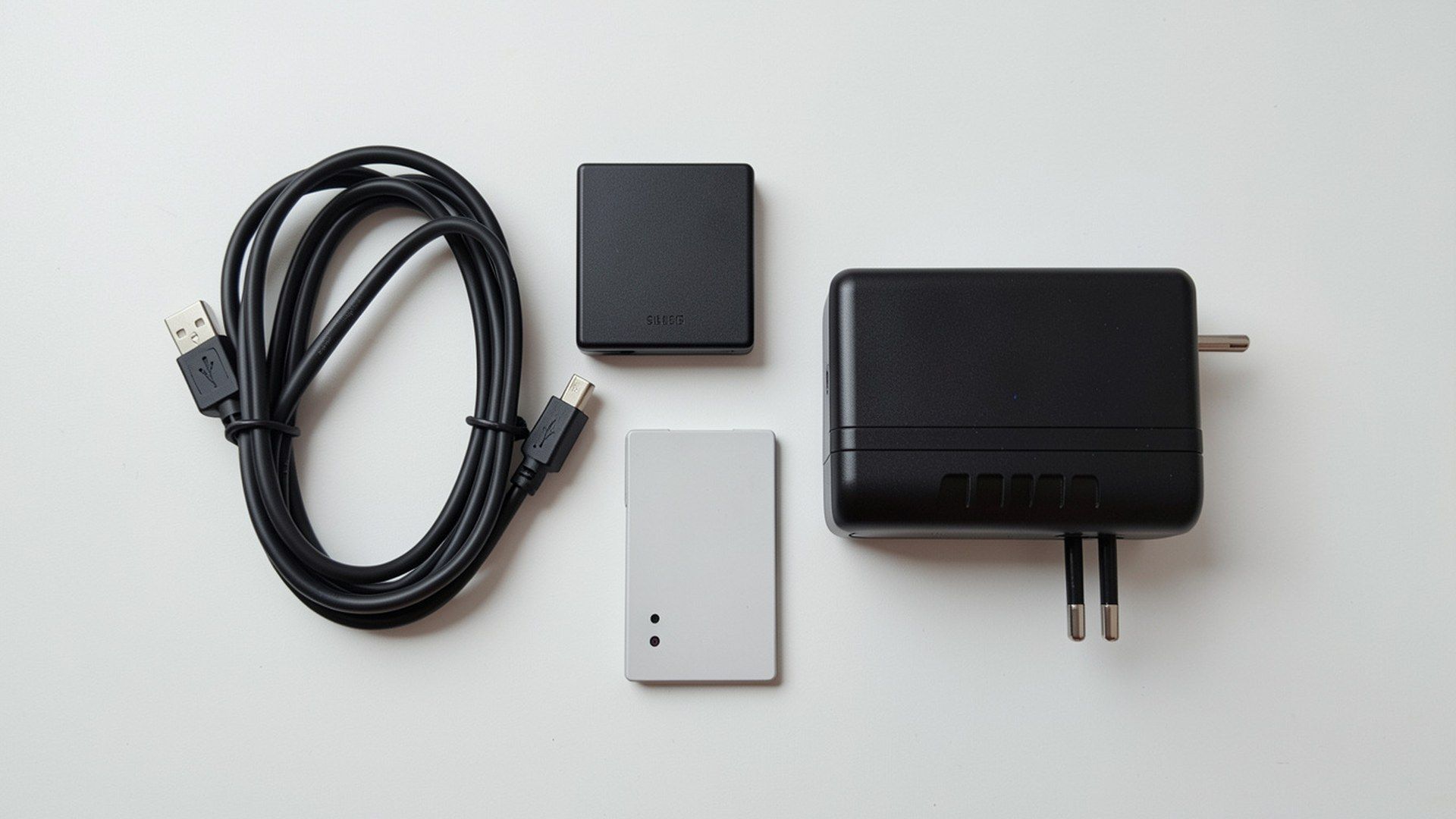 Pilli elektroşok cihazı: uSB şarj kablosu, güvenli adaptör ve farklı pil türlerinin elektronik bakım konseptinde düzenli flat-lay kompozisyonu